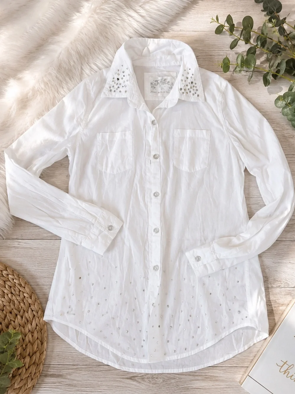 Y2K Justice button down white embellished top sequin color and bottom